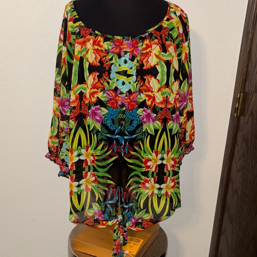 Roz & Ali Tropical Print Top size 2X